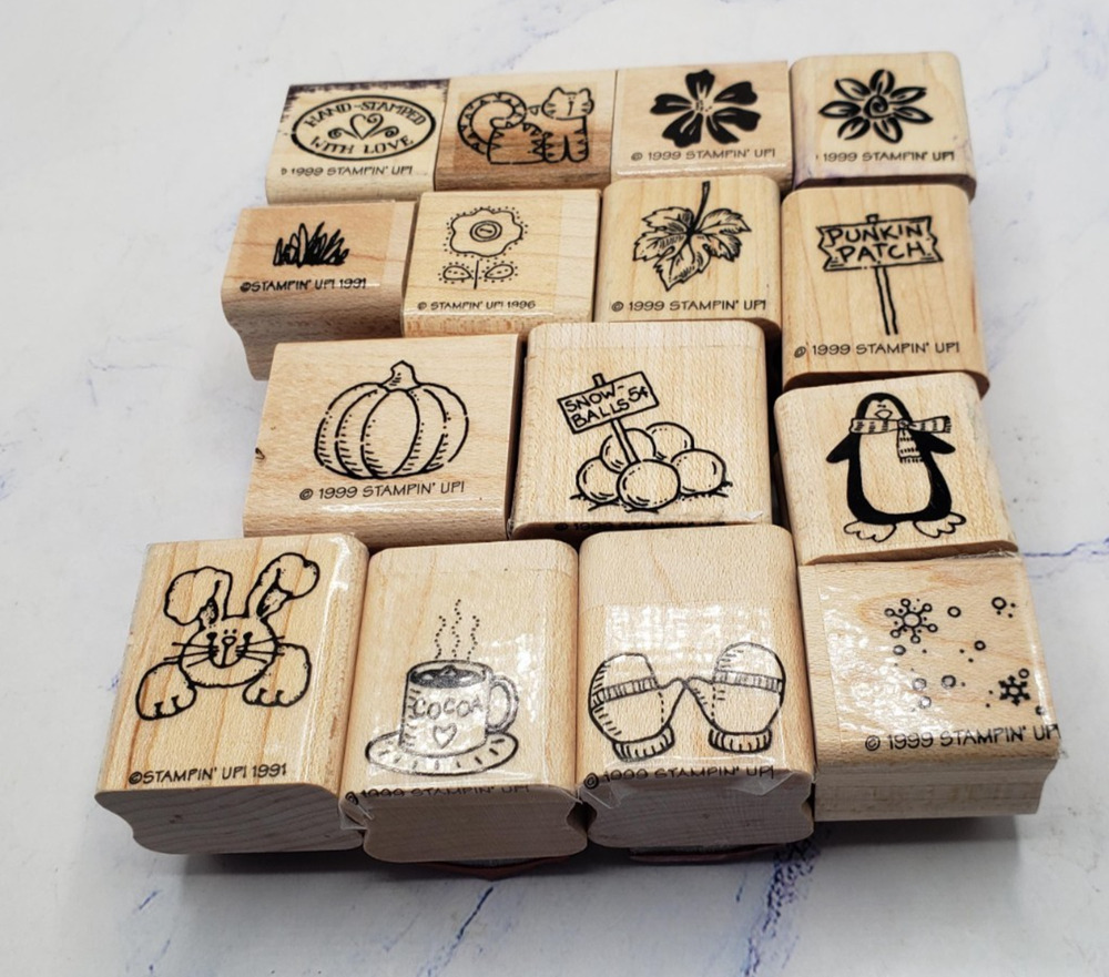 Stampin Up! Lot of 15 Seasonal Themed Small Wood Mounted Rubber Stamps